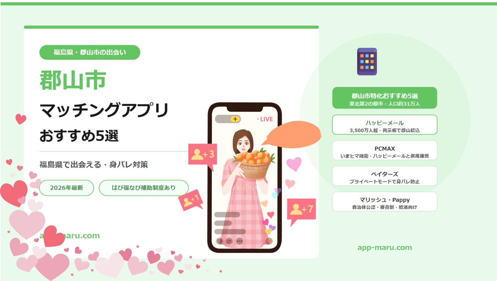 郡山市のマッチングアプリおすすめ5選【福島県で出会える・公式補助金あり2026年最新】